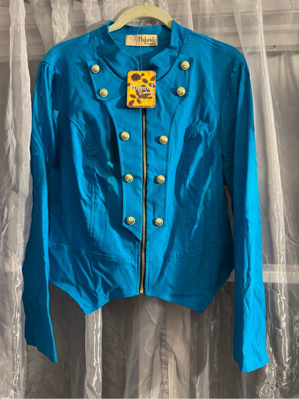 Hybrid & company Bright Teal Cropped Military Inspired Stretchy Zip Up Blazer